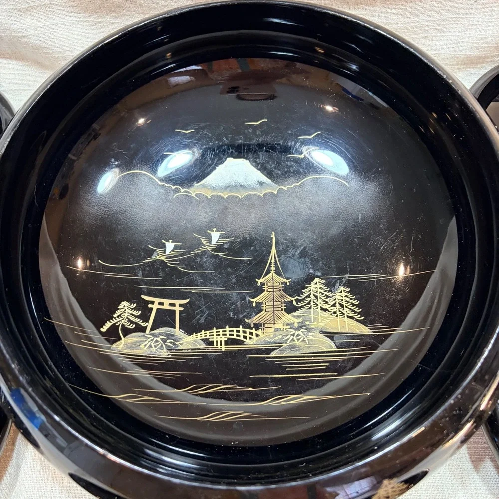 Vintage Japanese Black‎ Lacquerware Bowl Set 7pc Mt Fuji Pagoda Gold Landscape